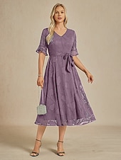 preiswerte Chiffonkleider-Damen Midikleid Chiffonkleid Elegant Flattrige Ärmel Urlaub Hochzeitsgast Date Tasche Illusionsspitze Normale Passform Blumen Halbarm V Ausschnitt Violett
