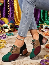 billige Damesko-Flerfargede oxfordsko med blokkhæl til dame – retro pumps med snøring i fargeblokker for karnevalskostymer, klovner og funky hverdagsklær