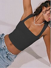 Χαμηλού Κόστους Απλή δεξαμενή-Γυναικεία Καμισόλ Tank Top Σουρωτά Συμπαγές Χρώμα Στυλάτο Καθημερινό Αμάνικο Τετράγωνη Λαιμόκοψη Crop Tops Καθημερινά Αργίες Μαύρο Λευκό Κρασί Ρουμπίνι Καλοκαίρι Άνοιξη