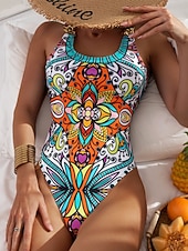 preiswerte Einteilige Badeanzüge-Damen Einteiler Badeanzug Slimming Boho Monokini Bauchkontrolle Hohe Taille Slim Rückenfrei Urlaub Strandmode Blumen U-Ausschnitt ärmellos Schwimmsuits