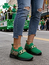 billige Damesko-Grønne strikkede damesneakers med leoparddetaljer til St. Patricks dag – moteriktig kjededetalj, komfortabel og trendy, perfekt for parader og uformelle festligheter