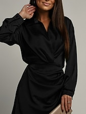 abordables mini robe noire-Femmes Mini Robe Robe en Satin Robe Chemise Robe froncée Moderne Quotidien Sortir Week-end Coupe régulière Uni manche longue Col de chemise Noir Vert foncé Marron Rose rouge Printemps Automne