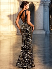 cheap Sheath Evening Dresses-A-Line Sheath Column Floor Length Prom Dress Party Dress Cocktail Dress Mother of the Bride Dress Sleeveless One Shoulder Elegant Vintage Luxurious Formal Evening Sequined with Beading