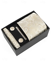 preiswerte Hochzeit ACC-Geschenkset für Herren aus Polyester mit Paisley-Muster: Krawatte, Manschettenknöpfe, Einstecktuch und Krawattenklammer – perfekt für Hochzeiten und als Geschenk.