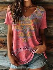 ieftine tricou floral-Pentru femei Tricou Imprimeu Floral Grafic Epocă Stilat Casual Manșon scurt În V Topuri obișnuite Zilnic Albastru piscină Roz Îmbujorat Mov Vară Primăvară