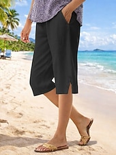 Women's Cotton Linen Shorts Capri Pants Chinos Shorts Vacation Streetwear Casual Knee Length Medium Waist Plain Pocket Elastic Waist Breathable Inelastic Daily Outdoor Street Black White Khaki Summer