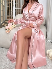 Χαμηλού Κόστους Γυναικείες ρόμπες-Γυναικεία Ρόμπα Καθημερινό Μαλακή Σατέν Μονόχρωμες Με Κορδόνια Καθημερινά Σπίτι Κρεβάτι Μακρυμάνικο Λαιμόκοψη V Μαύρο Ανθισμένο Ροζ Ρουμπίνι Χακί Καλοκαίρι Κανονικό