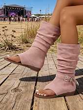 preiswerte Cowboy &amp; Western Stiefel-Braune, lässige Boho-Stiefeletten aus Wildleder mit offener Zehenpartie und Schnallendetail – stylisches Festival-Schuhwerk, perfekt für Musikfestivals und Outdoor-Veranstaltungen