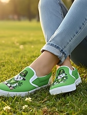  Dámské nazouvací tenisky na Den svatého Patrika s roztomilým potiskem pejsků a jetelů – pohodlné zelené plátěné boty na průvody, festivaly i běžné nošení