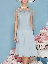 economico Set di abiti per la mamma-Due Pezzi Tubino Colonna Lunghezza al ginocchio Abito da invitata a nozze Abito da cerimonia per signora Manica 3/4 Collo gioiello Elegante Ospite di nozze Chiesa Chiffon Raso Pizzo Abiti Corti con