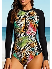 baratos Rash Guards de Uma Peça-Mulheres Normal Anti Atrito Roupa de banho Conjunto de maiô Leopardo Tropical Bloqueio de cores Zip Up UPF50+ Secagem Rápida Leve Manga Longa Camisa de Natação roupa de banho Surfe Praia Esportes