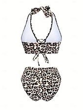 economico Bikini-Costume da bagno a due pezzi da donna bikini leopardato culotte sgambate controllo pancia vita alta slim schiena scoperta vacanza mare con grafica scollatura a V senza maniche