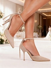 economico Invitato al matrimonio-scarpe con tacco alla caviglia in pelle scamosciata color carne da donna: eleganti décolleté a punta stiletto per matrimoni al chiuso, invitati a nozze e scarpe eleganti per feste formali