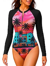 economico Rash Guards Interi-Per donna Standard Top sottomuta Costume da bagno Costume Intero Tropicale Color-blocking con reggiseno incorporato UPF50+ Protezione UV Elastico Manica Lunga Costume da Bagno Body Surf Spiaggia