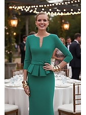 voordelige Schoen Avondjurken-Strak kolom Tot de grond Chiffon Formele kleding Elegant 3/4 mouw V-hals Formeel Bruiloft gast Stretch crêpe met Plooien Bandjes