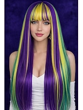 olcso Farsangi parókák-karneváli paróka szivárvány egyenes hosszú szintetikus fesztivál paróka mardi gras felvonulás cosplay jelmez haj nőknek