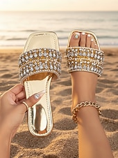 billiga Kvinnor-Damsandaler med strass – glittriga, pärlbesatta platta slip-on-skor för strandsemestrar, sommarfester, resortkläder och eleganta vardagskläder