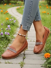 economico Slip-ons e mocassini da donna-Mocassini casual cammello da donna – Loafers slip-on in ecopelle con cinturino in strass perfetti per un abbigliamento quotidiano comodo passeggiate ufficio guida e outfit casual