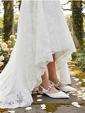 economico sposa-eleganti ballerine da sposa per matrimoni in giardino e in municipio, scarpe da sposa bianche a punta con cinturino in cristallo