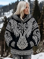 preiswerte Viking-Oberteile-Damen Kapuzenpullover Patchwork Druck Fronttasche Grafik Geometrisch Stammes Vintage Lässig Boho Langarm Mit Kapuze Normale Oberteile Lässig Straße Alltagskleidung Schwarz Frühling Herbst Winter
