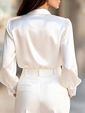 cheap Dressy Blouses-Women's Shirt Elegant Satin Top Blouse Ruched Lace Patchwork Plain Elegant Vintage Daily Long Sleeve Puff Sleeve V Neck Regular Tops Daily Work Holiday Black White Fall Winter