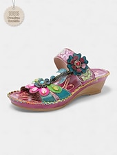 cheap Sandalias deslizantes-Women's Purple Genuine Leather Floral Wedge Sandals | Soft Comfort  Open Toe Sandals for Walking, Garden Party &amp; Casual Daily Wear
