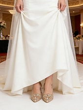 ieftine Mireasă-Pantofi cu toc de mireasă cu sclipici auriu și șampanie, pantofi stiletto cu cristale pentru nunți de lux și de seară