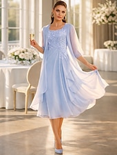  Duas Peças Linha A Até os Joelhos Vestido de convidada de casamento Vestido Para Mãe dos Noivos Sem Manga Scoop pescoço Elegante Convidado do casamento Festa de Casamento Chiffon Renda Vestidos de