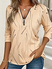 billiga Randig och geometrisk t-shirt-Dam T-shirt Dragkedja Mönster Grafisk Geometrisk Vintage Mode Stylish Långärmad Rund hals V-hals Vanliga toppar Dagligen Blå Vit Gul Rodnande Rosa Rubinrött Vår Höst Vinter