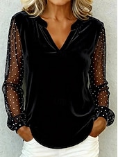 abordables Camiseta lisa-Año Nuevo Mujer Terciopelo A Lunares Elegante Vintage Manga Larga Escote en Pico Tops regulares Diario Invitado a la boda Festivos Azul Piscina Negro Rosa Vino Dorado Otoño Invierno