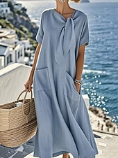 abordables Robe Simple-Femmes Robe maxi Robe trapèze Robe d'été Occasionnel Quotidien Coupe Ample Uni Manche Courte Col en V Bleu Marron clair Marron Vert Véronèse Été