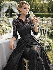 ieftine Salopetele mamei-Pantaloni Lungime Podea Rochie Mama Miresei Lungime Manșon 3/4 Guler Cămașă Epocă Petrecere Oficial Invitat la nunta Seară Formală Satin Dantelă cu Ruching
