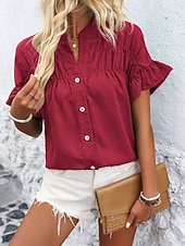 preiswerte Schicke Blusen-Damen Hemd Bluse Patchwork Knöpfe Einfach Vintage Stilvoll Lässig Kurzarm Stehkragen Normale Oberteile Täglich Ferien Ausgehen Denim Blue Schwarz Gelb Wein Marineblau Sommer Frühling