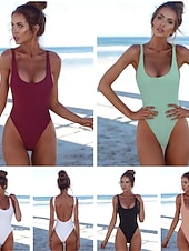 זול בגדי-ים שלמים-בגדי ריקוד נשים בגדי ים חתיכה אחת מותן גבוה בגד ים גזרה סקסית מרזה גבוה מותניים גב חשוף אלגנטית פעיל צבע אחיד צווארון U ללא שרוולים בגדי ים