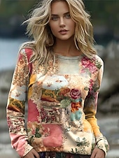 billiga Boho t-shirt-Kvinnors Boho T-shirt Grafisk Vintage Mode Stilig Lång Ärmar Crew Hals Regelbundna T-shirts Daglig Helg Tryck Rosa Lila Ljusblå Sommar Vår