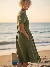 tanie Podstawowe sztuczne sukienki-Damskie Sukienka midi Sztuczna bawełna len Sukienka A line Codzienny Codzienny Regularny Równina Krótki rękaw W serek Niebieski Czarny Biały Wino Lato Wiosna