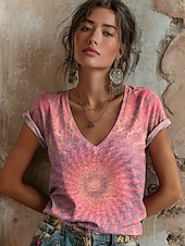 お買い得  アート＆デザインTシャツ-女性用 Tシャツ プリント フラワー グラフィック 抽象的 ヴィンテージ スタイリッシュ クラシック 半袖 Ｖネック ロングトップス 日常 ブルー ライトベージュ ピンク パープル 夏 春
