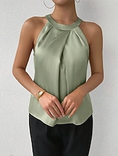 tanie Zwykły zbiornik-Damskie Elegancki Top satynowy Satynowa koszula Koszula obozowa Z marszczeniami Jednokolorowe Elegancki Podstawowy Codzienny Bez rękawów Kantarka Zwykłe topy Codzienny Święto Wyjściowe Czarny Biały
