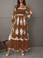 abordables Vestido Boho de Vacaciones-Mujer Vestido maxi Vestido de una línea Vestido de flores Elegante Moda Moderno Exterior Vacaciones Fiesta Ajuste regular Floral Manga Larga Escote Cuadrado Negro Burdeos Marrón Albaricoque Primavera