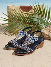 economico Sandali con zeppa-sandali con zeppa boho da donna color cielo con decorazioni floreali in cristallo – eleganti sandali con cinturino a T e strass per vacanze al mare, resort esotici &amp;viaggiatori eleganti