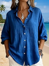 Недорогие Основные искусственные рубашки-Жен. Рубашка Бохо Рубашка Богемия Винтаж Повседневные Длинный рукав Длинные топы Повседневные Праздники На выход Синий Белый Желтый Розовый Небесно-голубой Лето Весна