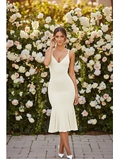 cheap Little White Dresses-Mermaid Trumpet Tea Length White Dress Little White Dress Elegant Open Back Sleeveless V Neck Wedding Formal Stretch Fabric Backless with Pleats