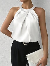 tanie Zwykły zbiornik-Damskie Elegancki Top satynowy Satynowa koszula Koszula obozowa Z marszczeniami Jednokolorowe Elegancki Podstawowy Codzienny Bez rękawów Kantarka Zwykłe topy Codzienny Święto Wyjściowe Czarny Biały