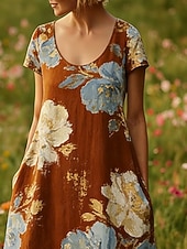 halpa Tulosta kukkamekot-Naisten Maksimekko Boho-mekko Rento mekko Vintage Päivittäin ulko- Hiekkaranta Loose Fit Kukka Lyhythihainen U kaula-aukko Viini Kesä Kevät
