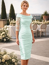 abordables Longitud del té-Funda Columna Hasta la Rodilla Vestido de Fiesta Vestido Cóctel Vestido Invitada Boda Vestido de Madrina Media Manga Hombros Caídos Elegante Invitado a la boda Fiesta de Boda Tafetán con Apliques