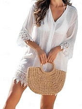 abordables Vestidos de playa-Mujer Mini vestido Vestido blanco vestido de playa Tapadera Elegante Moda Clásico Diario Exterior Playa Holgado Plano Manga 3/4 Escote en Pico Blanco Verano Primavera