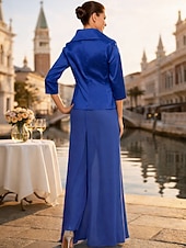 voordelige Mama&amp;#39;s jumpsuits-Tweedelig Broekpak Tot de grond Moeder van de bruid jurk Lange mouw Revers Elegant Eenvoudig Op Maat Formeel Bruiloft gast Chiffon Stretchsatijn met Sjerp / Lint Effen kleur