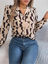 Недорогие Цветочные блузки-Жен. Рубашка Рубашка на пуговицах Повседневная рубашка Пуговицы Геометрический принт Стиль Классика Современное Длинный рукав Рубашечный воротник Обычные топы Повседневные Офис Праздники