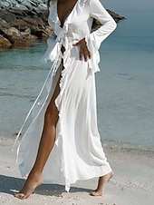 levne Plážové šaty-Dámské Plavky Přehozy Plavky Volány prázdniny Oblečení na pláž Bez vzoru Do V Dlouhý rukáv Plavky