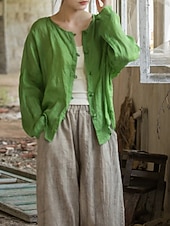 baratos Coleção de Linho Premium-Camisa feminina 100% linho, blusa com botões, lisa, estilo vintage, manga longa, gola redonda, tops regulares para uso diário, férias, sair, nas cores preto, rosa, vermelho e verde, para verão e primavera.